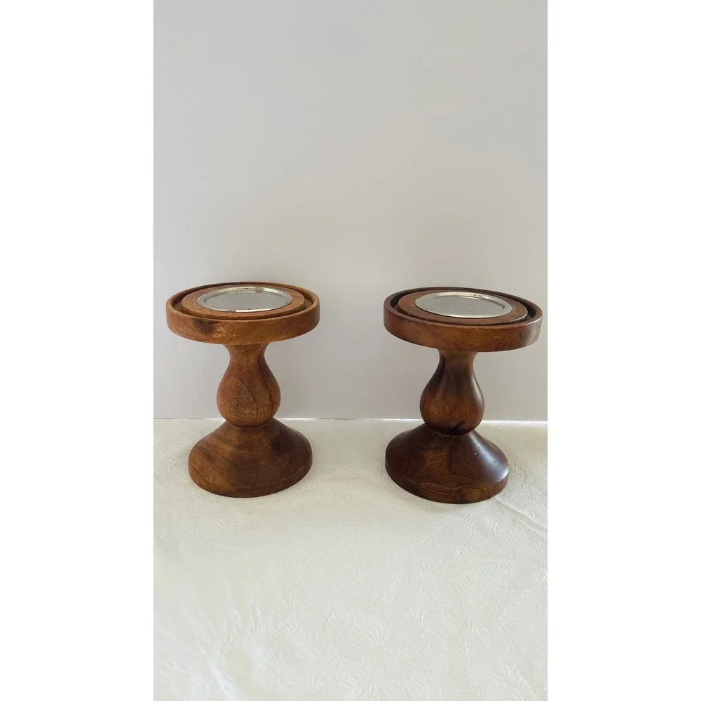 Pair Turned Wood Pillar Candle Holders Metal Insert Stand 8 Inch Farmhouse⁠